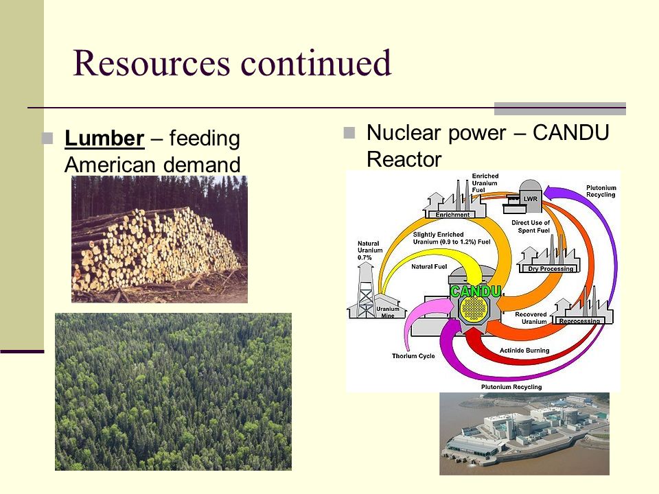 Resources continued Lumber – feeding American demand Nuclear power – CANDU Reactor