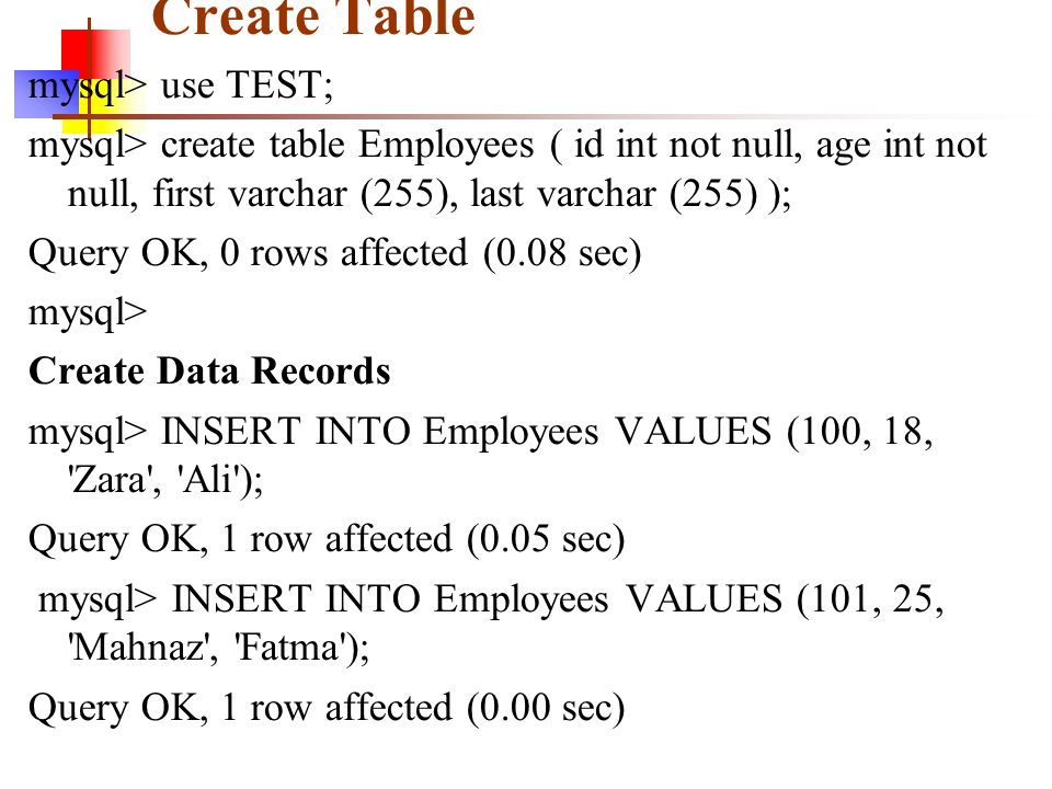 Create Table mysql> use TEST; mysql> create table Employees ( id int not null, age int not null, first varchar (255), last varchar (255) ); Query OK, 0 rows affected (0.08 sec) mysql> Create Data Records mysql> INSERT INTO Employees VALUES (100, 18, Zara , Ali ); Query OK, 1 row affected (0.05 sec) mysql> INSERT INTO Employees VALUES (101, 25, Mahnaz , Fatma ); Query OK, 1 row affected (0.00 sec)