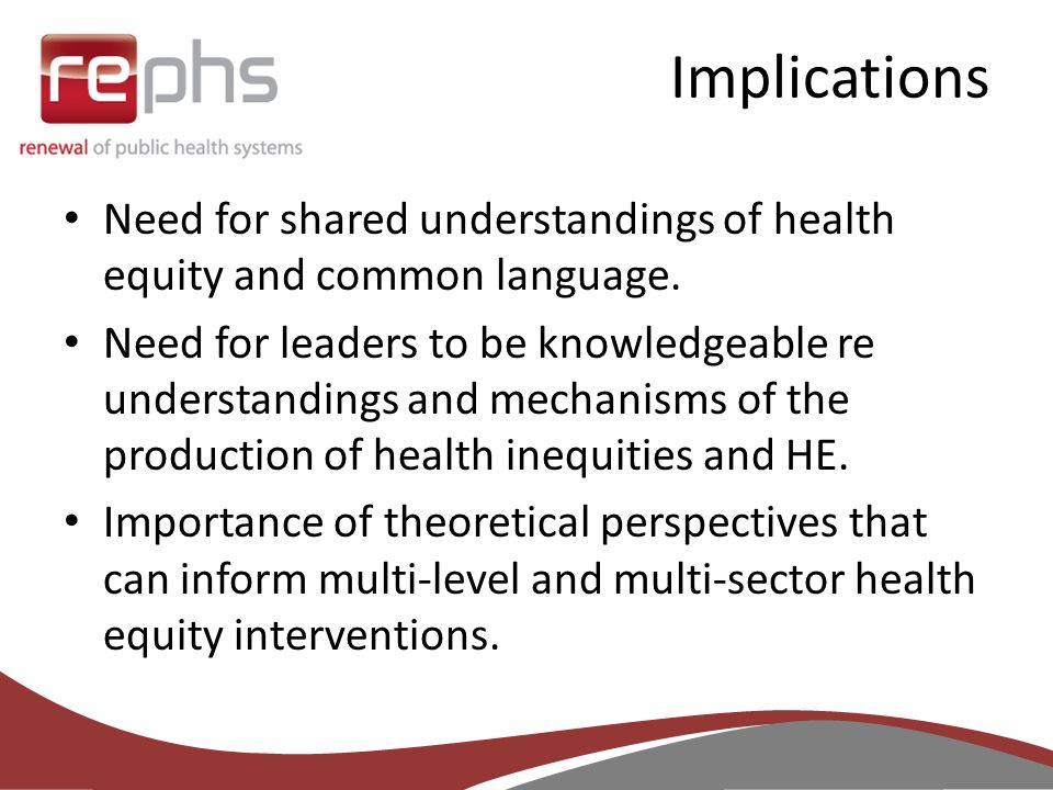 Implications Need for shared understandings of health equity and common language.