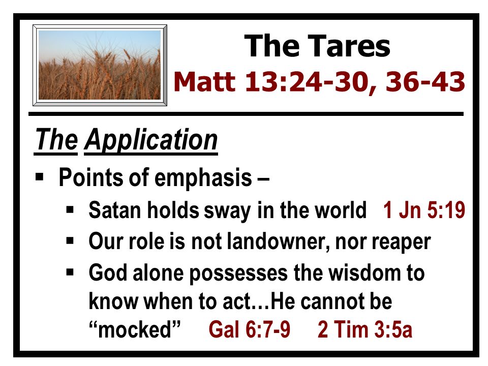 The Application  Points of emphasis –  Satan holds sway in the world 1 Jn 5:19  Our role is not landowner, nor reaper  God alone possesses the wisdom to know when to act…He cannot be mocked Gal 6:7-9 2 Tim 3:5a The Tares Matt 13:24-30, 36-43