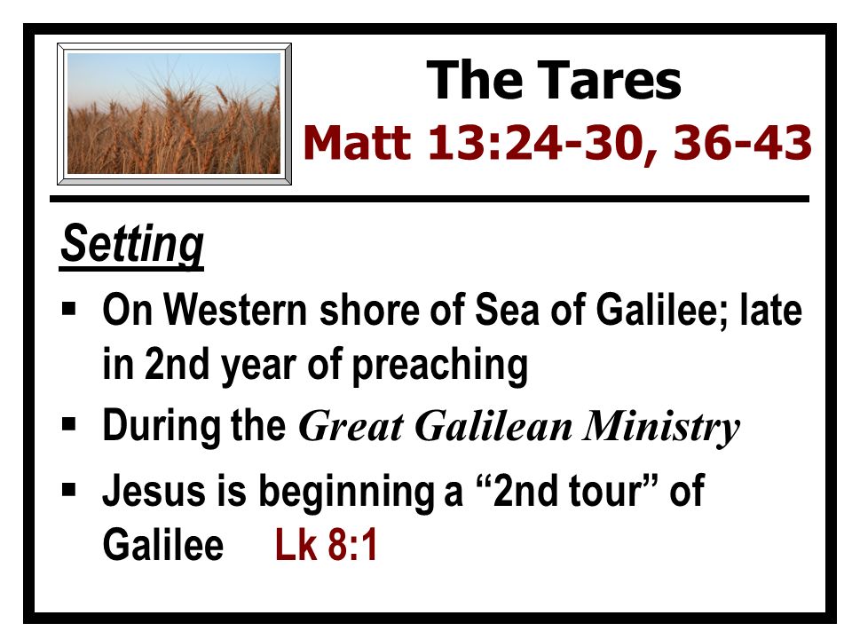 Setting  On Western shore of Sea of Galilee; late in 2nd year of preaching  During the Great Galilean Ministry  Jesus is beginning a 2nd tour of Galilee Lk 8:1 The Tares Matt 13:24-30, 36-43