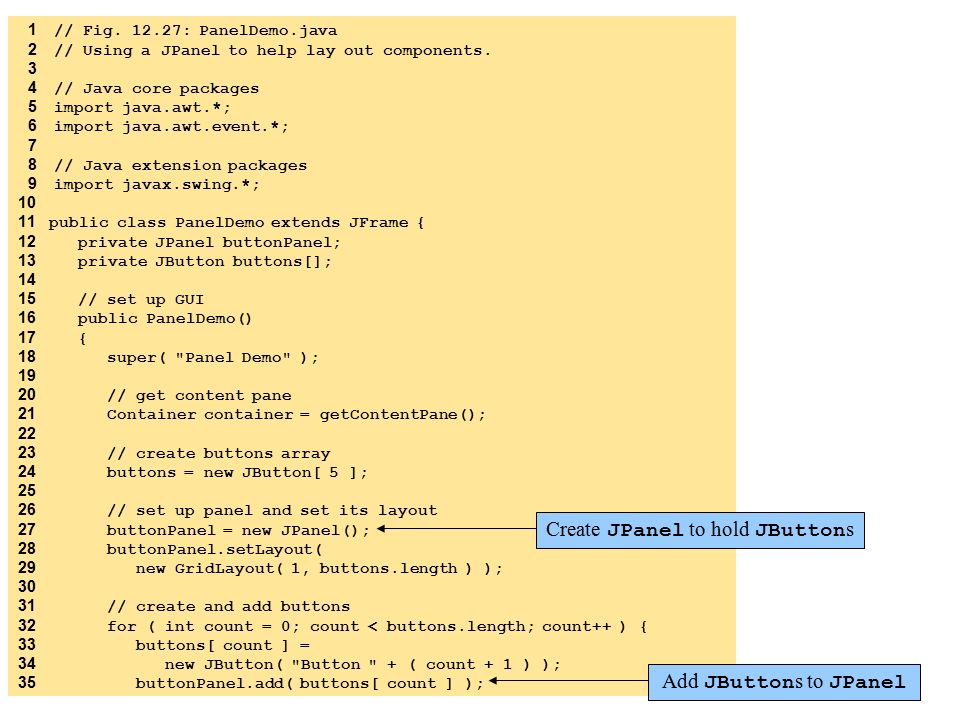 1 // Fig : PanelDemo.java 2 // Using a JPanel to help lay out components.