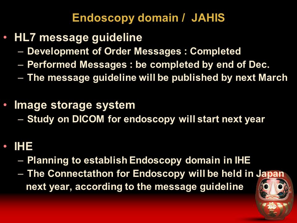 Endoscopy domain / JAHIS HL7 message guideline –Development of Order Messages : Completed –Performed Messages : be completed by end of Dec.