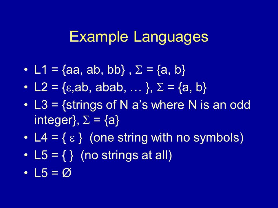 Example Languages L1 = {aa, ab, bb},  = {a, b} L2 = { ,ab, abab, … },  = {a, b} L3 = {strings of N a’s where N is an odd integer},  = {a} L4 = {  } (one string with no symbols) L5 = { } (no strings at all) L5 = Ø