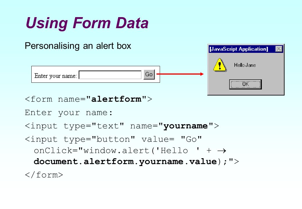 Input type name value. Form data. Personal data. Метод Alert Box. Input name.