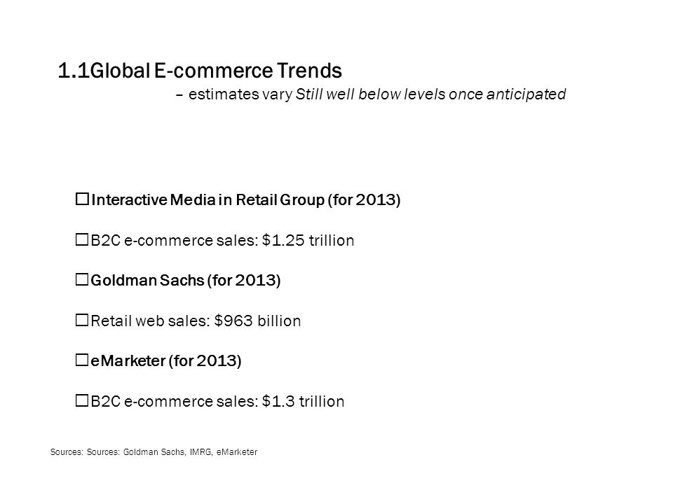 1.1Global E-commerce Trends – estimates vary Still well below levels once anticipated  Interactive Media in Retail Group (for 2013) B2C e-commerce sales: $1.25 trillion  Goldman Sachs (for 2013) Retail web sales: $963 billion  eMarketer (for 2013) B2C e-commerce sales: $1.3 trillion Sources: Sources: Goldman Sachs, IMRG, eMarketer