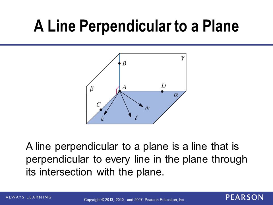 A Line Perpendicular to a Plane A line perpendicular to a plane is a line that is perpendicular to every line in the plane through its intersection with the plane.