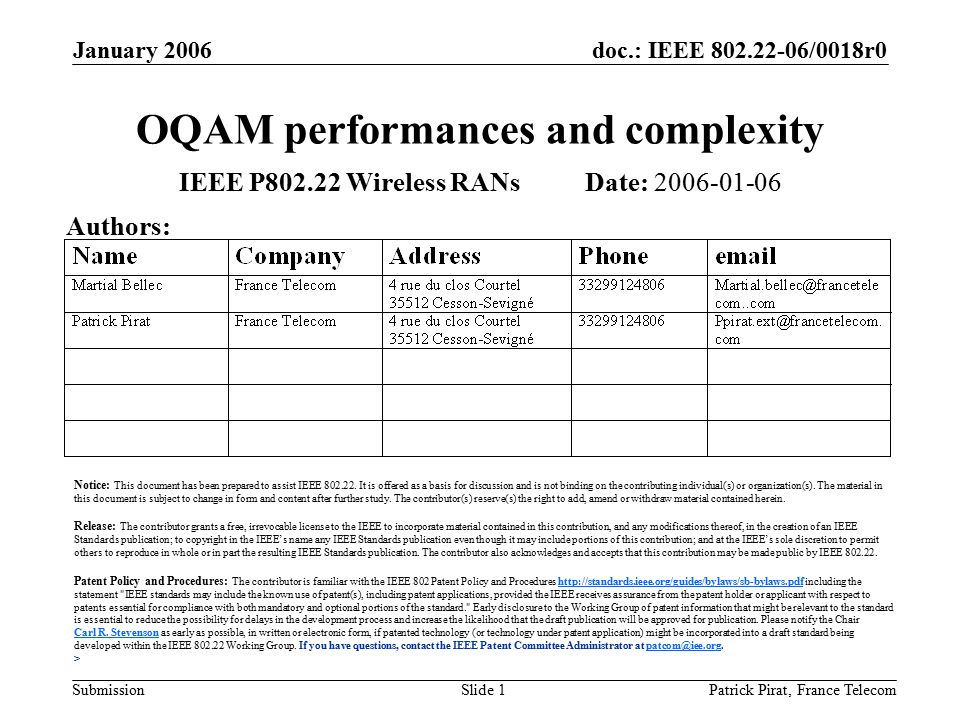 doc.: IEEE /0018r0 Submission January 2006 Patrick Pirat, France TelecomSlide 1 OQAM performances and complexity IEEE P Wireless RANs Date: Authors: Notice: This document has been prepared to assist IEEE