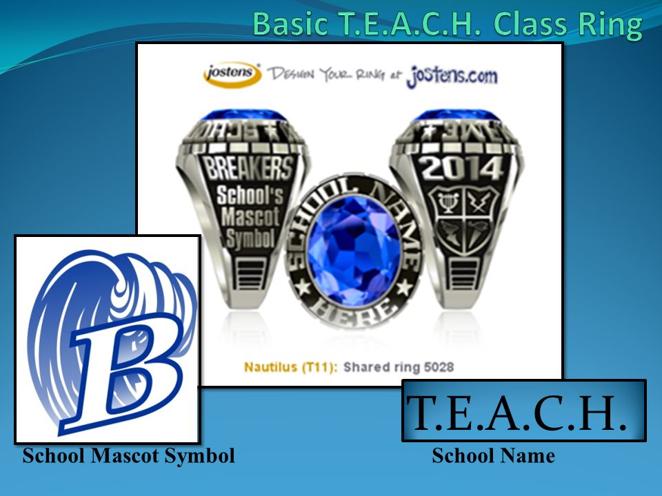 In package 1 you will receive a Jostens Basic style TEACH class ring.