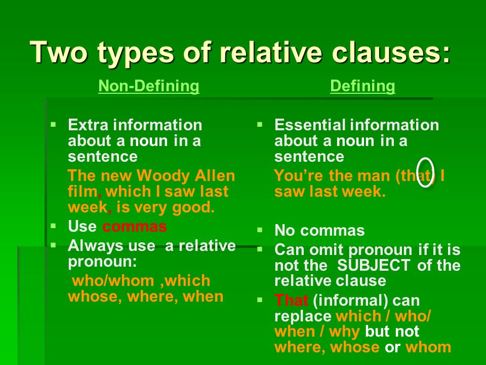 Extra definition. Defining relative Clauses в английском. Defining and non-defining relative Clauses правило. Types of Clauses правило. Грамматика relative Clauses.