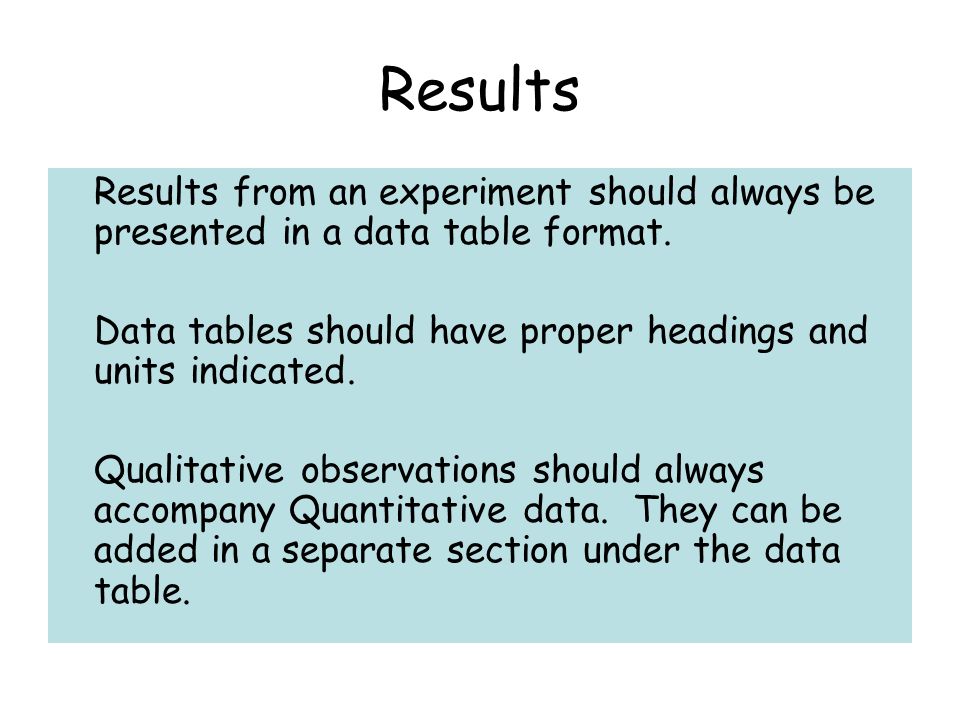 Results Results from an experiment should always be presented in a data table format.
