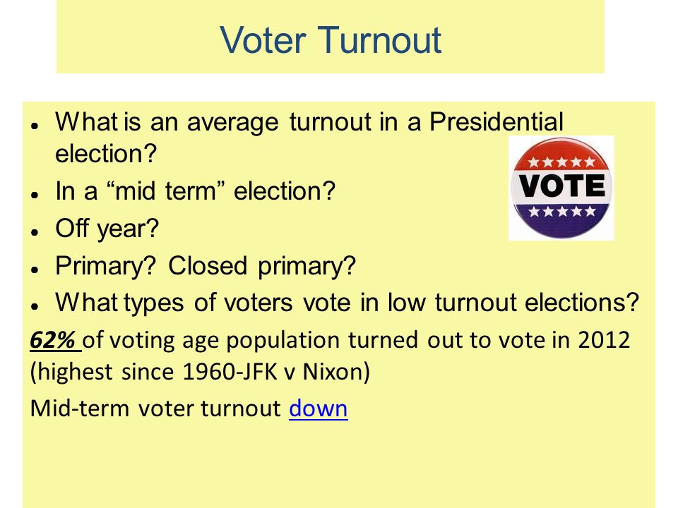 Voter Turnout ● What is an average turnout in a Presidential election.