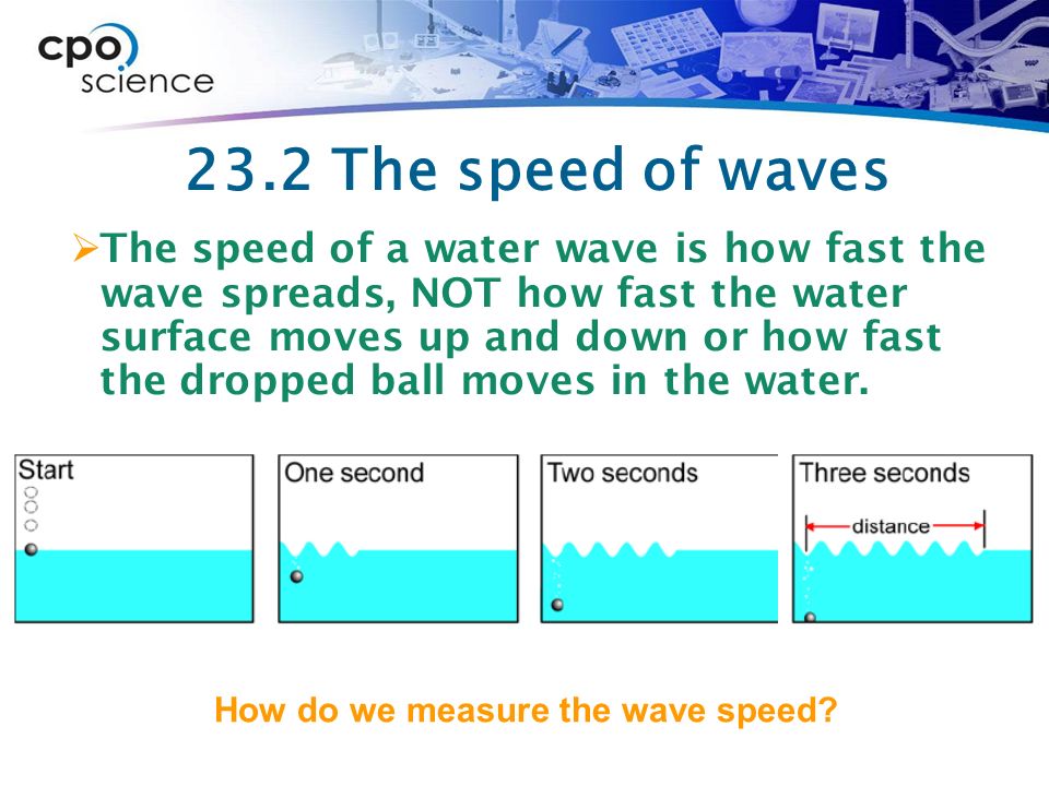 23.2 The speed of waves  The speed of a water wave is how fast the wave spreads, NOT how fast the water surface moves up and down or how fast the dropped ball moves in the water.
