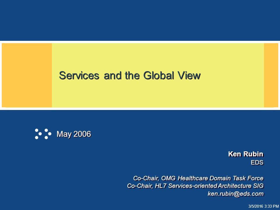 3/5/2016 3:33 PM Services and the Global View May 2006 Ken Rubin EDS Co-Chair, OMG Healthcare Domain Task Force Co-Chair, HL7 Services-oriented Architecture SIG Ken Rubin EDS Co-Chair, OMG Healthcare Domain Task Force Co-Chair, HL7 Services-oriented Architecture SIG