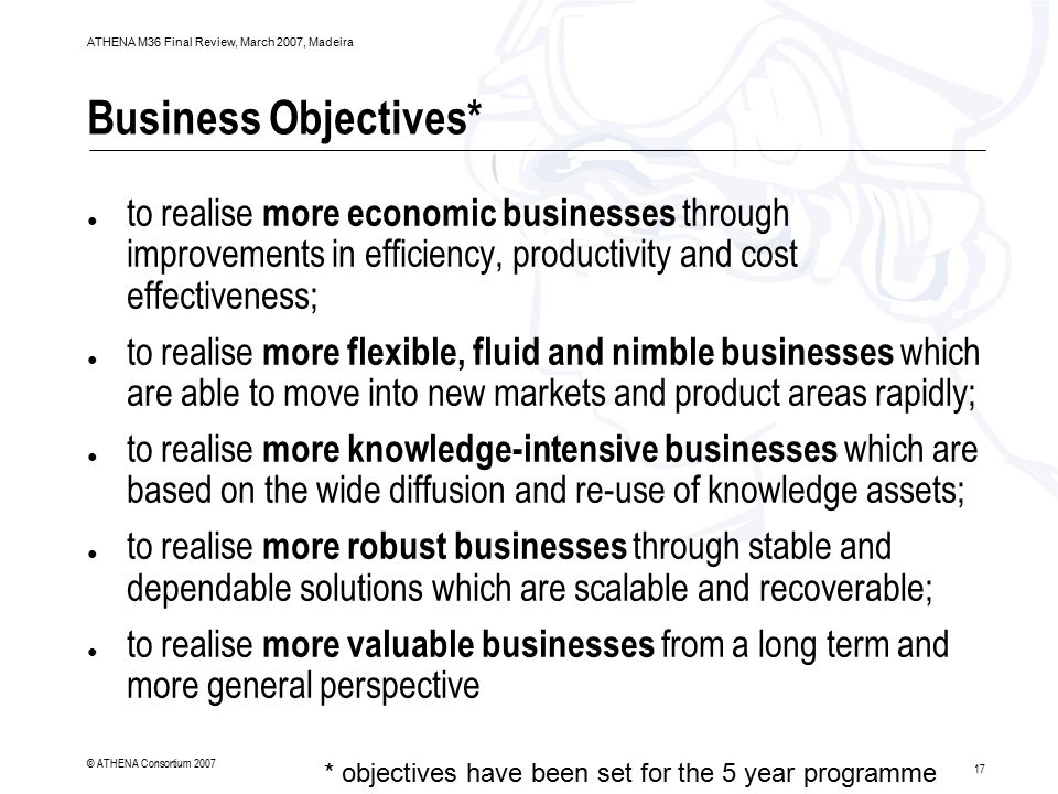 17 ATHENA M36 Final Review, March 2007, Madeira © ATHENA Consortium 2007 Business Objectives* ● to realise more economic businesses through improvements in efficiency, productivity and cost effectiveness; ● to realise more flexible, fluid and nimble businesses which are able to move into new markets and product areas rapidly; ● to realise more knowledge-intensive businesses which are based on the wide diffusion and re-use of knowledge assets; ● to realise more robust businesses through stable and dependable solutions which are scalable and recoverable; ● to realise more valuable businesses from a long term and more general perspective * objectives have been set for the 5 year programme