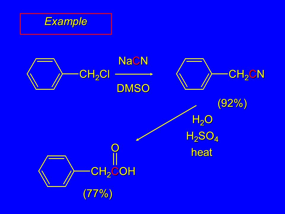 Example NaCN DMSO (77%) H2OH2OH2OH2O H 2 SO 4 heat (92%) CH 2 Cl CH 2 CN CH 2 COH O