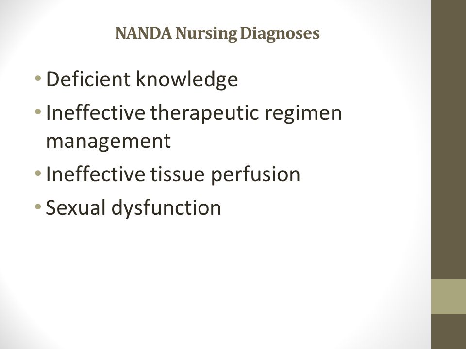 NANDA Nursing Diagnoses Deficient knowledge Ineffective therapeutic regimen management Ineffective tissue perfusion Sexual dysfunction
