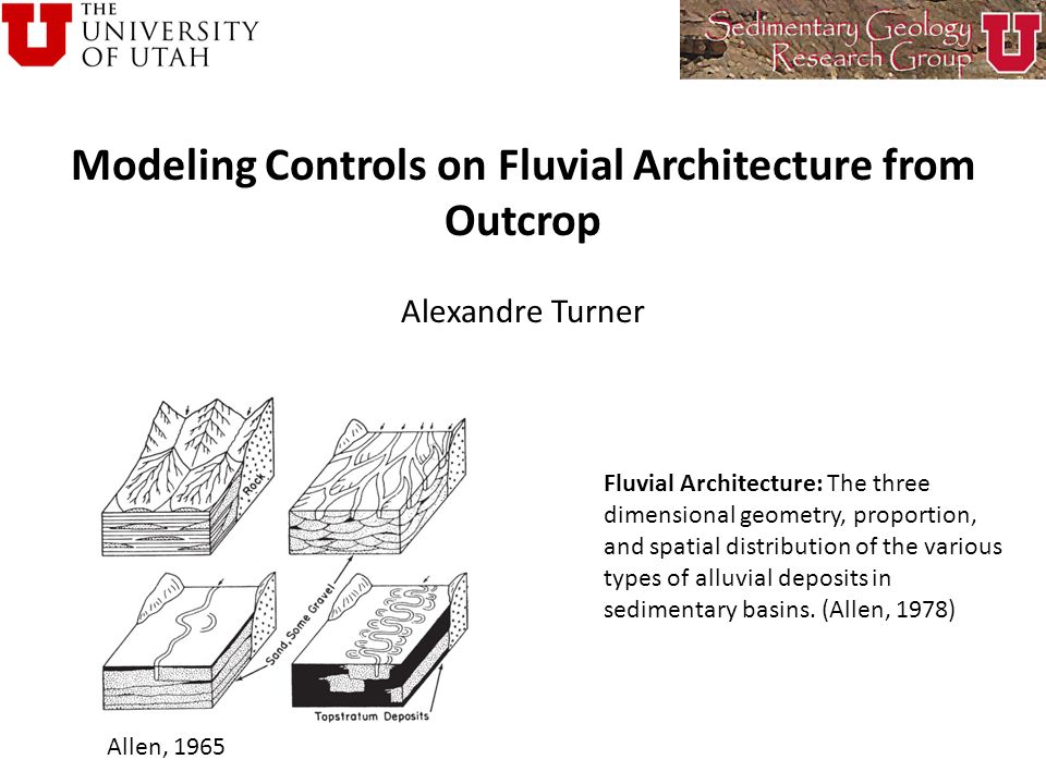 Modeling Controls on Fluvial Architecture from Outcrop Alexandre Turner Fluvial Architecture: The three dimensional geometry, proportion, and spatial distribution of the various types of alluvial deposits in sedimentary basins.