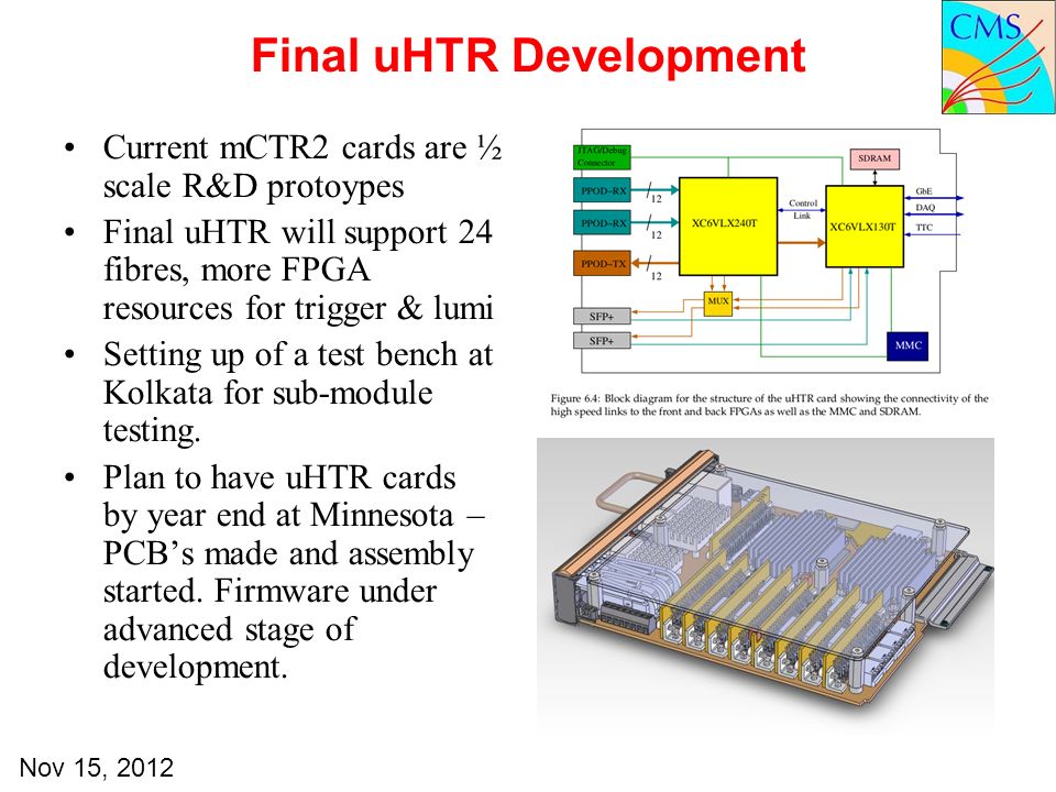 Nov 15, 2012 Final uHTR Development Current mCTR2 cards are ½ scale R&D protoypes Final uHTR will support 24 fibres, more FPGA resources for trigger & lumi Setting up of a test bench at Kolkata for sub-module testing.