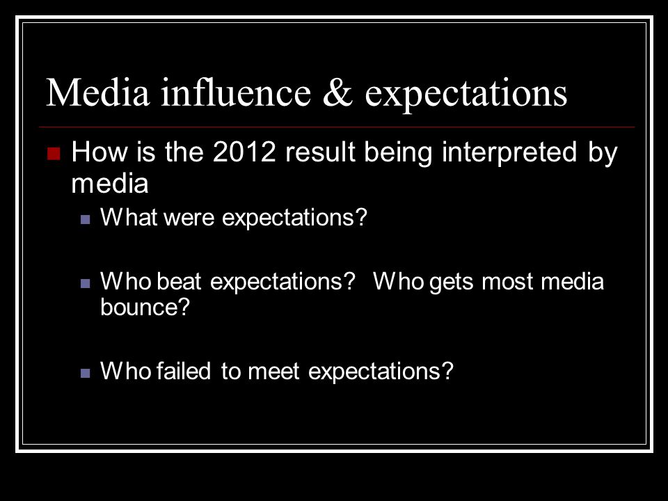 Media influence & expectations How is the 2012 result being interpreted by media What were expectations.