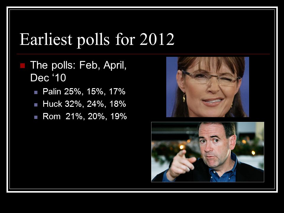 Earliest polls for 2012 The polls: Feb, April, Dec ‘10 Palin 25%, 15%, 17% Huck 32%, 24%, 18% Rom 21%, 20%, 19%