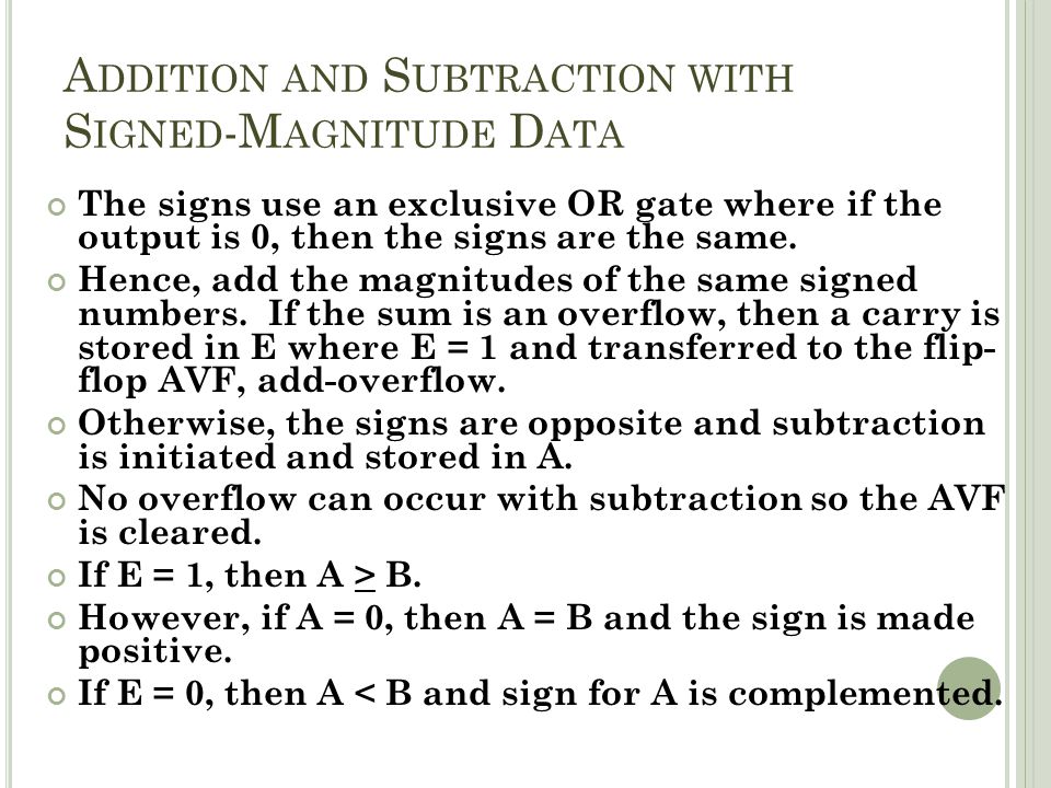 A DDITION AND S UBTRACTION WITH S IGNED -M AGNITUDE D ATA The signs use an exclusive OR gate where if the output is 0, then the signs are the same.