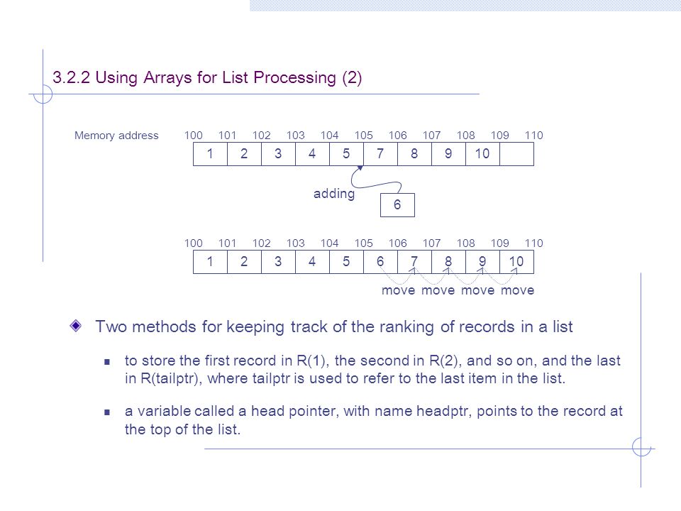 3.2.2 Using Arrays for List Processing (2) Memory address adding move Two methods for keeping track of the ranking of records in a list to store the first record in R(1), the second in R(2), and so on, and the last in R(tailptr), where tailptr is used to refer to the last item in the list.