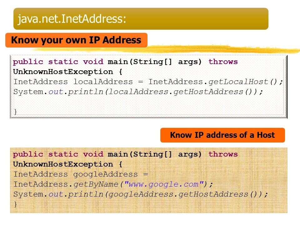 Network Programming with Java java.net.InetAddress: public static void main( String[] args) throws UnknownHostException { InetAddress localAddress =  InetAddress.getLocalHost(); - ppt download