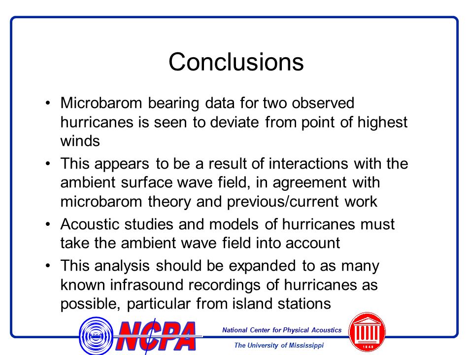 National Center for Physical Acoustics 1986 The University of Mississippi Conclusions Microbarom bearing data for two observed hurricanes is seen to deviate from point of highest winds This appears to be a result of interactions with the ambient surface wave field, in agreement with microbarom theory and previous/current work Acoustic studies and models of hurricanes must take the ambient wave field into account This analysis should be expanded to as many known infrasound recordings of hurricanes as possible, particular from island stations