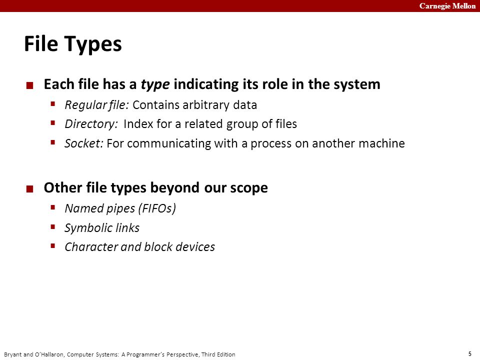 Carnegie Mellon 5 Bryant and O’Hallaron, Computer Systems: A Programmer’s Perspective, Third Edition File Types Each file has a type indicating its role in the system  Regular file: Contains arbitrary data  Directory: Index for a related group of files  Socket: For communicating with a process on another machine Other file types beyond our scope  Named pipes (FIFOs)  Symbolic links  Character and block devices