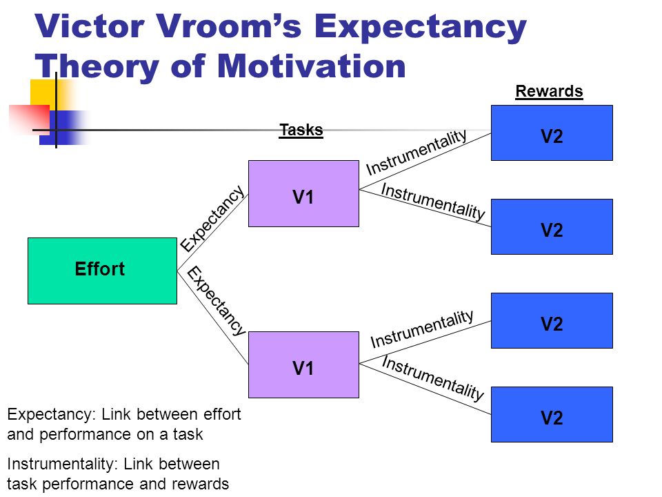 Victor Vroom’s Expectancy Theory of Motivation Effort V1 V2 Expectancy Rewards Tasks Instrumentality Expectancy: Link between effort and performance on a task Instrumentality: Link between task performance and rewards
