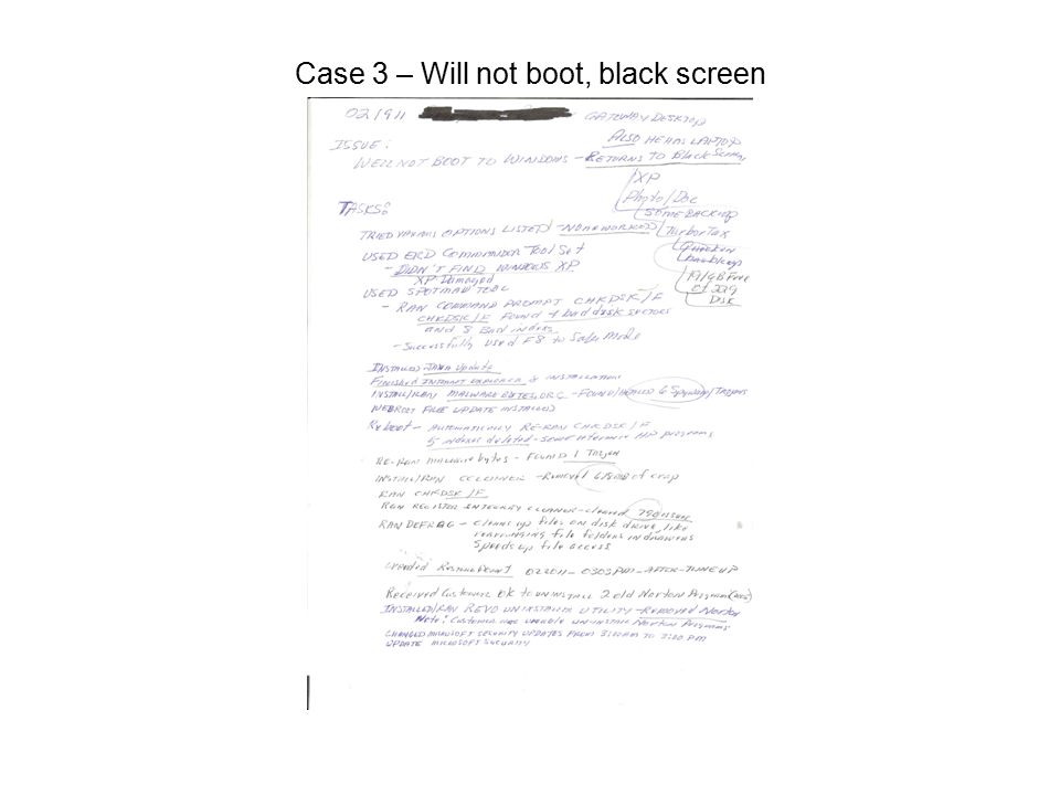 Case 3 – Will not boot, black screen