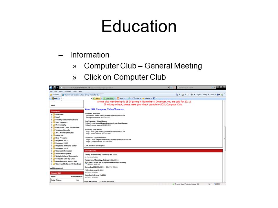 Education –Information »Computer Club – General Meeting »Click on Computer Club