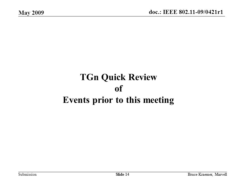 doc.: IEEE /0421r1 Submission May 2009 Bruce Kraemer, MarvellSlide 14Bruce Kraemer, MarvellSlide 14 TGn Quick Review of Events prior to this meeting