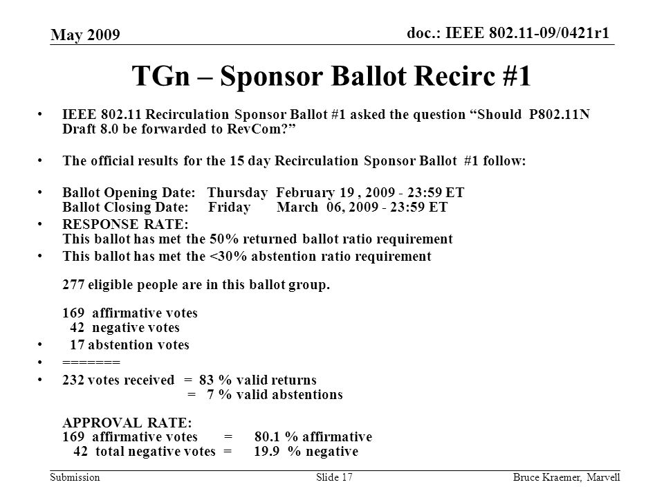 doc.: IEEE /0421r1 Submission May 2009 Bruce Kraemer, MarvellSlide 17 TGn – Sponsor Ballot Recirc #1 IEEE Recirculation Sponsor Ballot #1 asked the question Should P802.11N Draft 8.0 be forwarded to RevCom The official results for the 15 day Recirculation Sponsor Ballot #1 follow: Ballot Opening Date: Thursday February 19, :59 ET Ballot Closing Date: Friday March 06, :59 ET RESPONSE RATE: This ballot has met the 50% returned ballot ratio requirement This ballot has met the <30% abstention ratio requirement 277 eligible people are in this ballot group.