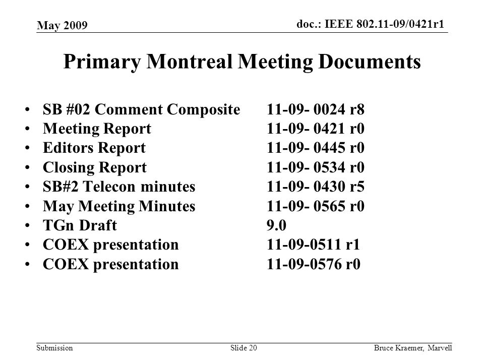doc.: IEEE /0421r1 Submission May 2009 Bruce Kraemer, MarvellSlide 20 Primary Montreal Meeting Documents SB #02 Comment Composite r8 Meeting Report r0 Editors Report r0 Closing Report r0 SB#2 Telecon minutes r5 May Meeting Minutes r0 TGn Draft 9.0 COEX presentation r1 COEX presentation r0