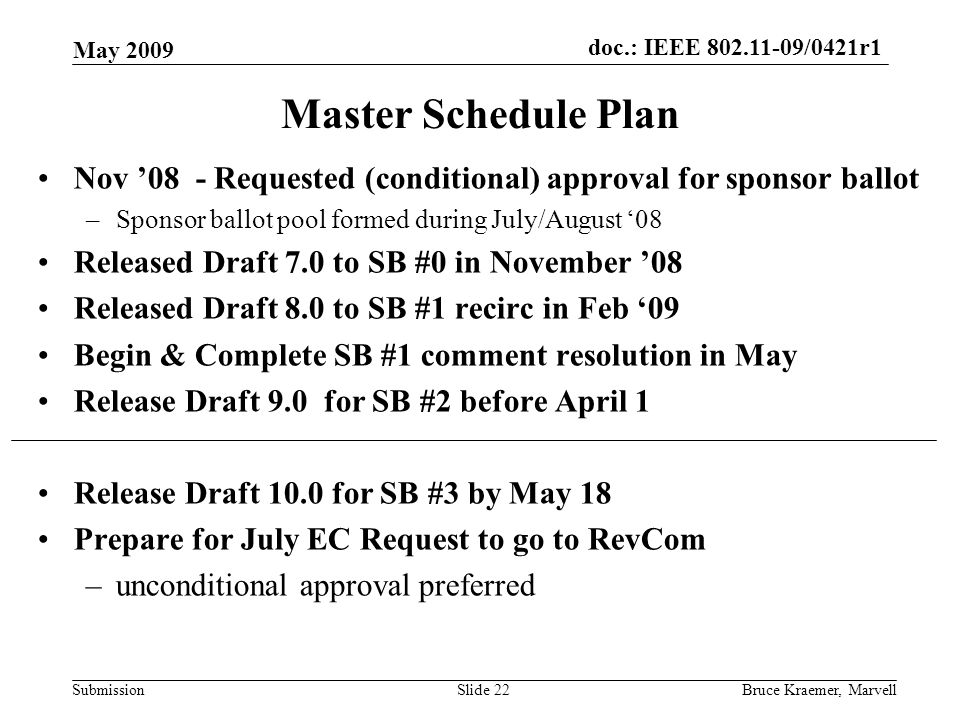 doc.: IEEE /0421r1 Submission May 2009 Bruce Kraemer, MarvellSlide 22 Master Schedule Plan Nov ’08 - Requested (conditional) approval for sponsor ballot –Sponsor ballot pool formed during July/August ‘08 Released Draft 7.0 to SB #0 in November ’08 Released Draft 8.0 to SB #1 recirc in Feb ‘09 Begin & Complete SB #1 comment resolution in May Release Draft 9.0 for SB #2 before April 1 Release Draft 10.0 for SB #3 by May 18 Prepare for July EC Request to go to RevCom –unconditional approval preferred