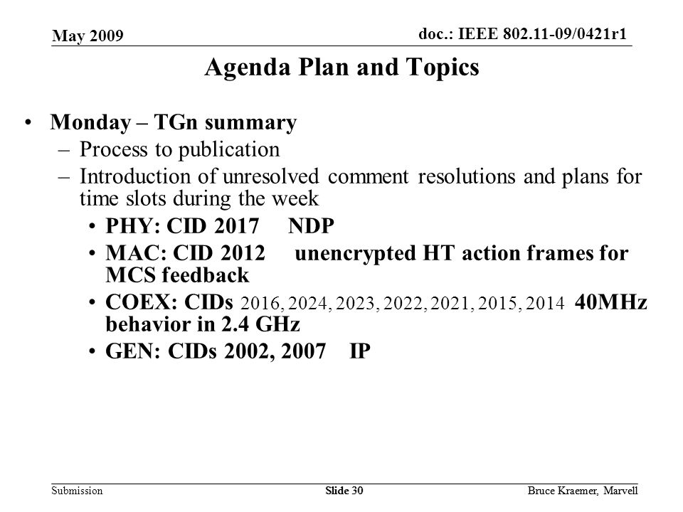 doc.: IEEE /0421r1 Submission May 2009 Bruce Kraemer, MarvellSlide 30Bruce Kraemer, MarvellSlide 30 Agenda Plan and Topics Monday – TGn summary –Process to publication –Introduction of unresolved comment resolutions and plans for time slots during the week PHY: CID 2017 NDP MAC: CID 2012 unencrypted HT action frames for MCS feedback COEX: CIDs 2016, 2024, 2023, 2022, 2021, 2015, MHz behavior in 2.4 GHz GEN: CIDs 2002, 2007 IP