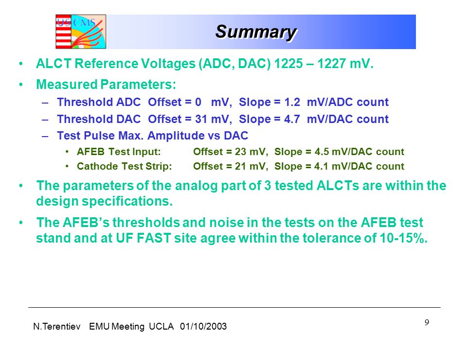 N.Terentiev EMU Meeting UCLA 01/10/ Summary ALCT Reference Voltages (ADC, DAC) 1225 – 1227 mV.