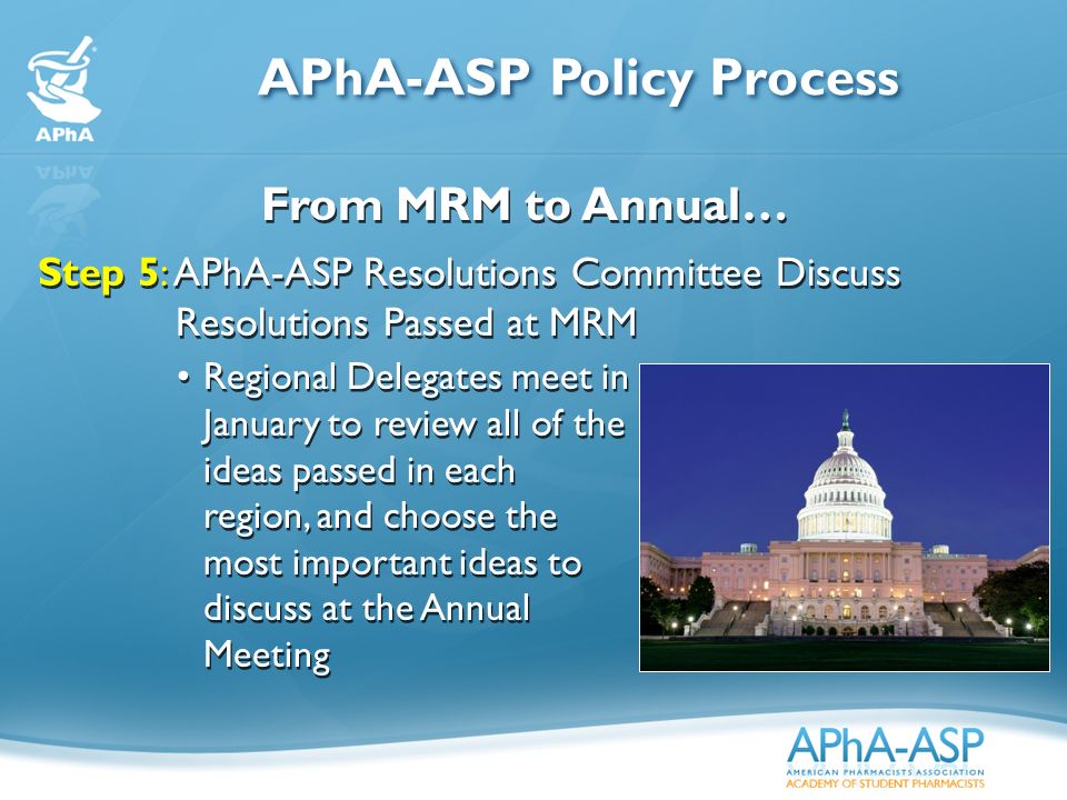 Step 5: APhA-ASP Resolutions Committee Discuss Resolutions Passed at MRM Step 5: APhA-ASP Resolutions Committee Discuss Resolutions Passed at MRM From MRM to Annual… APhA-ASP Policy Process Regional Delegates meet in January to review all of the ideas passed in each region, and choose the most important ideas to discuss at the Annual Meeting