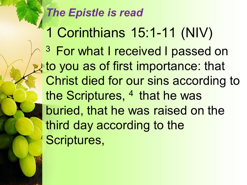 The Epistle is read 1 Corinthians 15:1-11 (NIV) 3 For what I received I passed on to you as of first importance: that Christ died for our sins according to the Scriptures, 4 that he was buried, that he was raised on the third day according to the Scriptures,