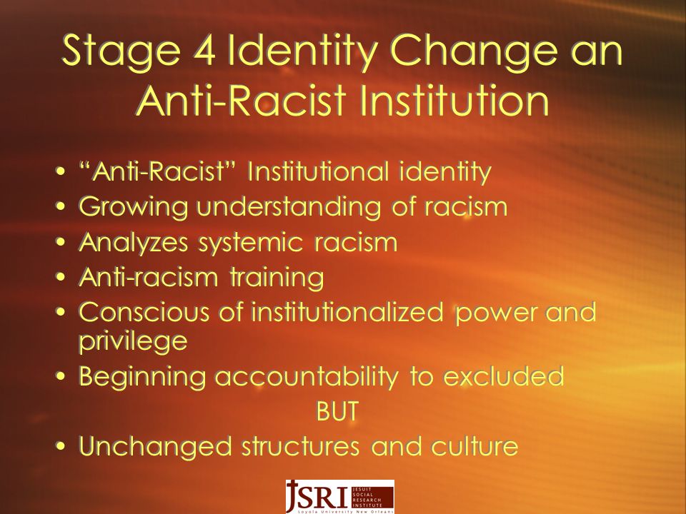 Stage 4 Identity Change an Anti-Racist Institution Anti-Racist Institutional identity Growing understanding of racism Analyzes systemic racism Anti-racism training Conscious of institutionalized power and privilege Beginning accountability to excluded BUT Unchanged structures and culture Anti-Racist Institutional identity Growing understanding of racism Analyzes systemic racism Anti-racism training Conscious of institutionalized power and privilege Beginning accountability to excluded BUT Unchanged structures and culture