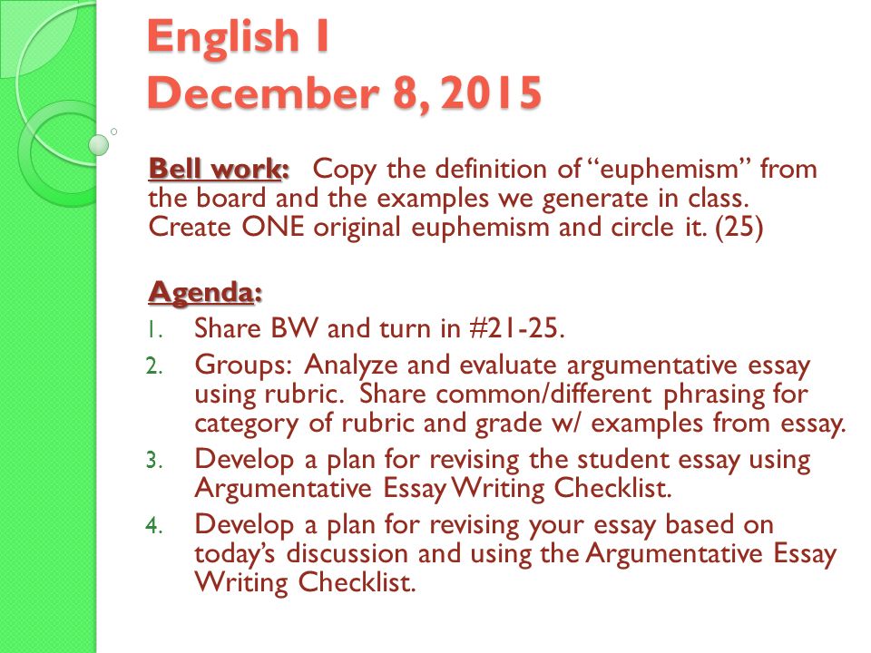 English I December 8, 2015 Bell work: Bell work: Copy the definition of euphemism from the board and the examples we generate in class.