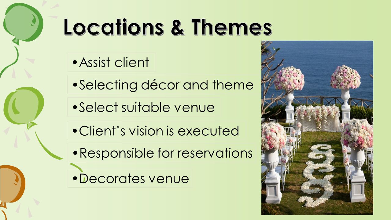 Decorates venue Assist client Selecting décor and theme Select suitable venue Client’s vision is executed Responsible for reservations