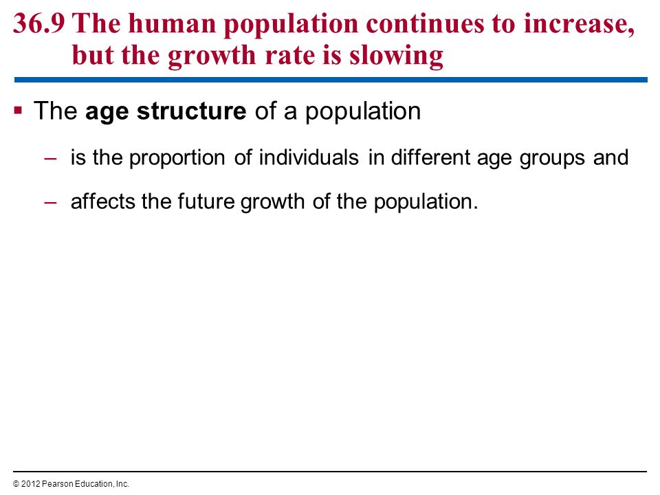  The age structure of a population –is the proportion of individuals in different age groups and –affects the future growth of the population.