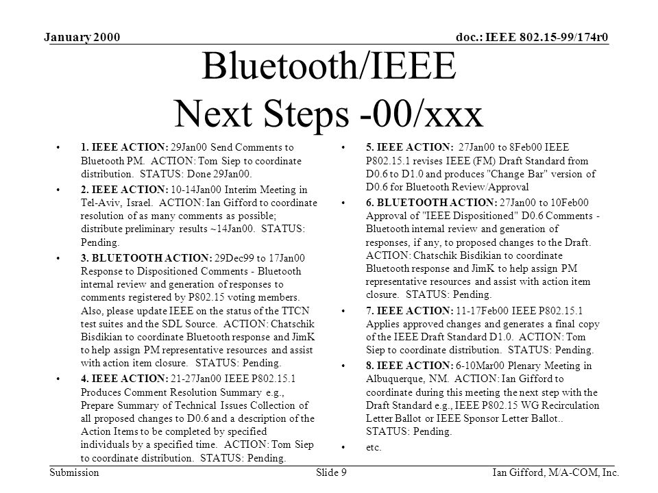 doc.: IEEE /174r0 Submission January 2000 Ian Gifford, M/A-COM, Inc.Slide 9 Bluetooth/IEEE Next Steps -00/xxx 1.