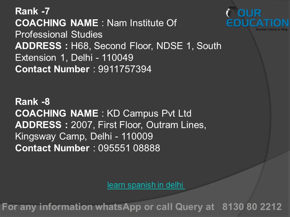 For any information whatsApp or call Query at learn spanish in delhi Rank -7 COACHING NAME : Nam Institute Of Professional Studies ADDRESS : H68, Second Floor, NDSE 1, South Extension 1, Delhi Contact Number : Rank -8 COACHING NAME : KD Campus Pvt Ltd ADDRESS : 2007, First Floor, Outram Lines, Kingsway Camp, Delhi Contact Number :