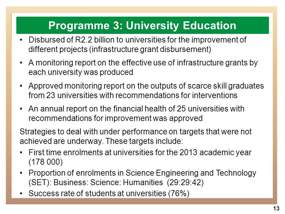 13 Disbursed of R2.2 billion to universities for the improvement of different projects (infrastructure grant disbursement) A monitoring report on the effective use of infrastructure grants by each university was produced Approved monitoring report on the outputs of scarce skill graduates from 23 universities with recommendations for interventions An annual report on the financial health of 25 universities with recommendations for improvement was approved Strategies to deal with under performance on targets that were not achieved are underway.