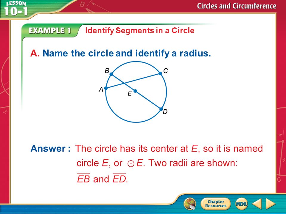 Example 1 Identify Segments in a Circle A. Name the circle and identify a radius.