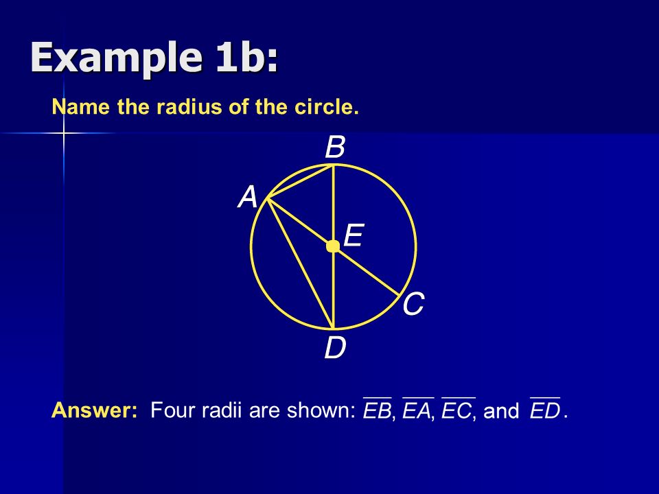 Answer: Four radii are shown:. Name the radius of the circle. Example 1b: